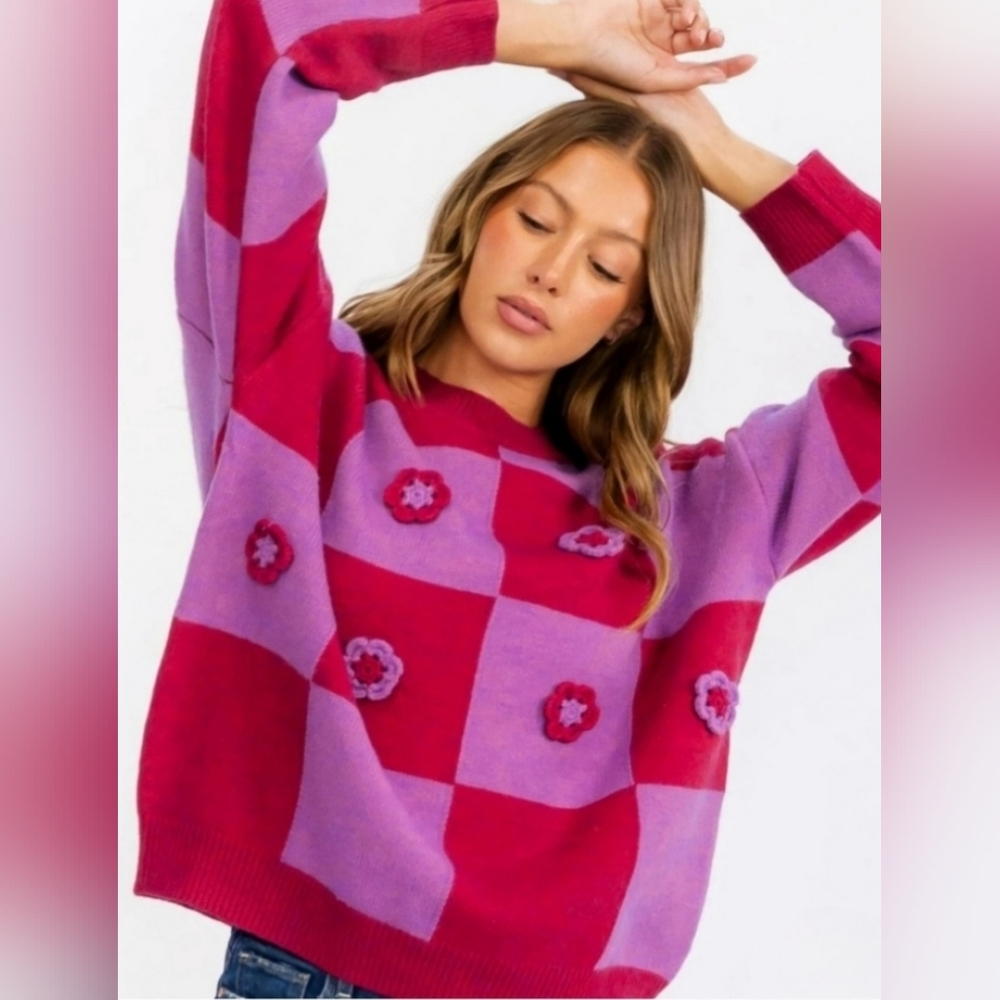 💥Host Pick💥 Entro Colorful Checkered Floral Sweater ~ Med ~ 25" P2P